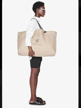Anine Bing Natural Beige Canvas Logo Tote with Black Straps
